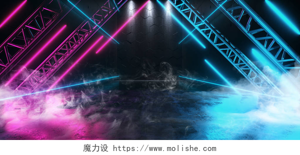 朋克风格的灯光显示烟三角形状霓虹灯发光舞台金属结构工作室 